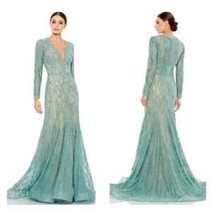 Mac Duggal 79291 BEADED ILLUSION LONG SLEEVE PLUNGE NECK GOWN